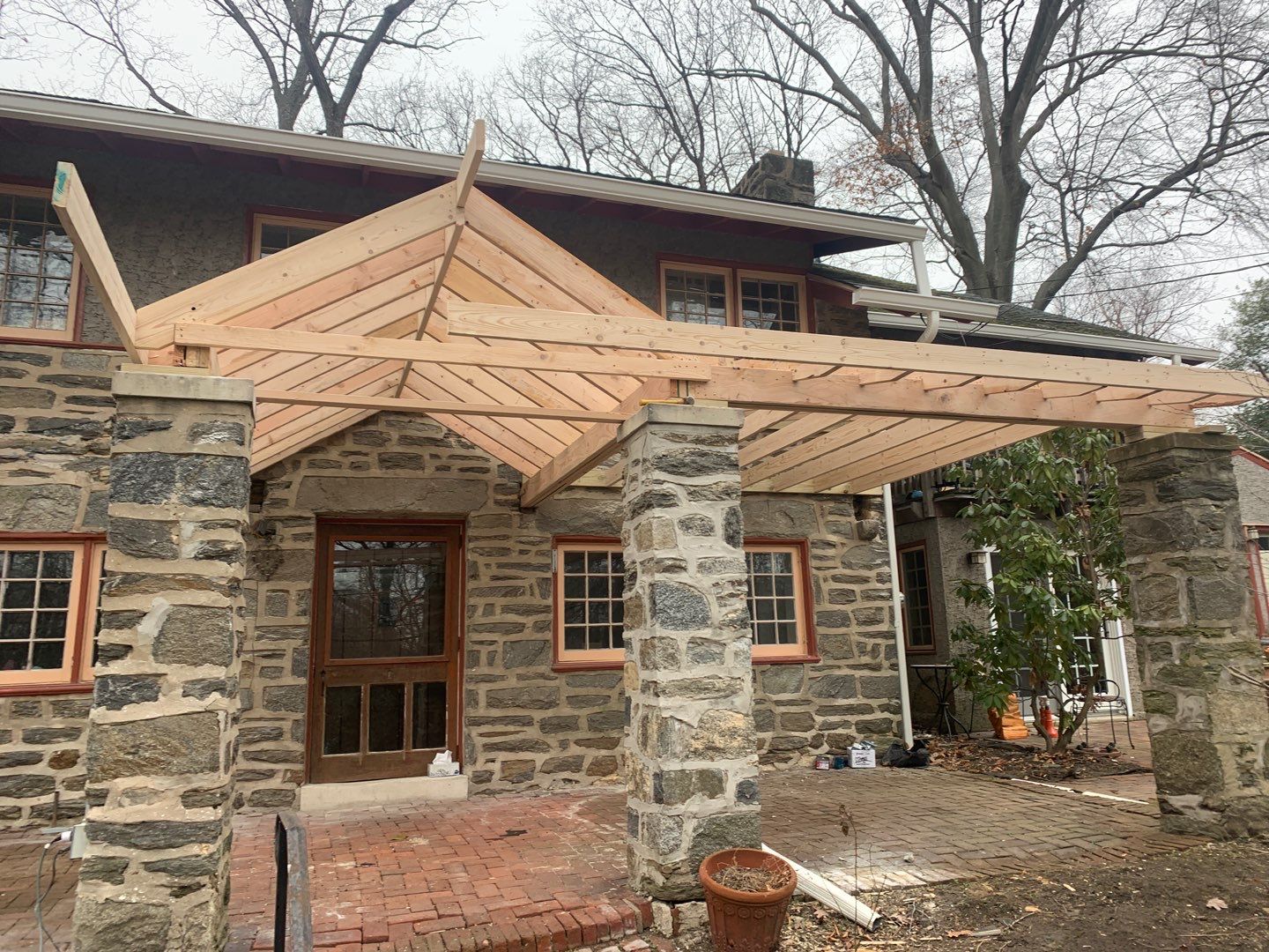 Custom portico carpentry work in progress