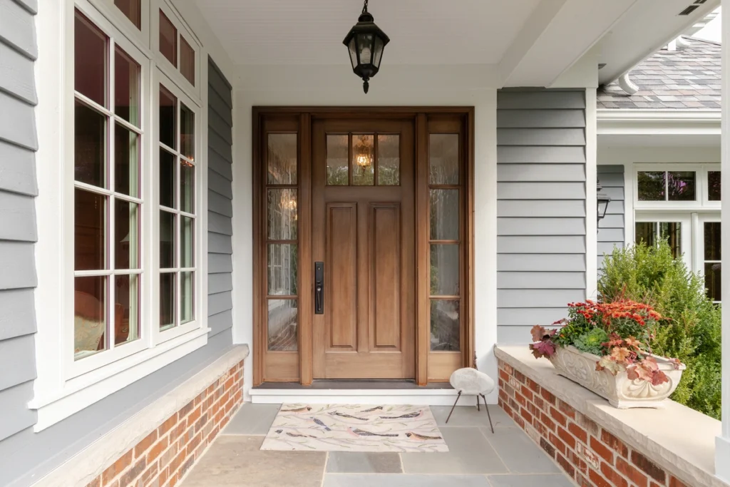 front porch with neutral grey vinyl siding