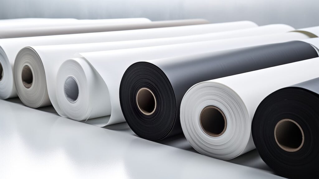 rolls of white and black silicone roofing material