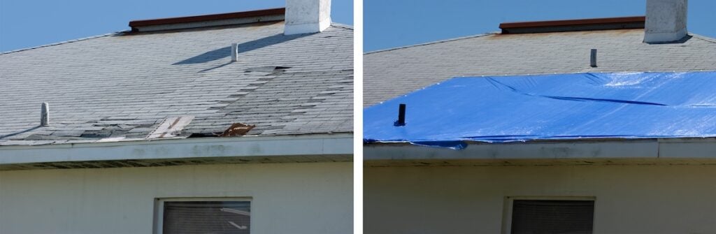 Before and after temporary repair on a badly storm damaged roof