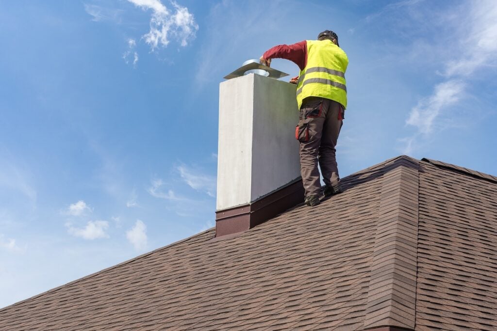 worker installing a chimney cap on the roof
