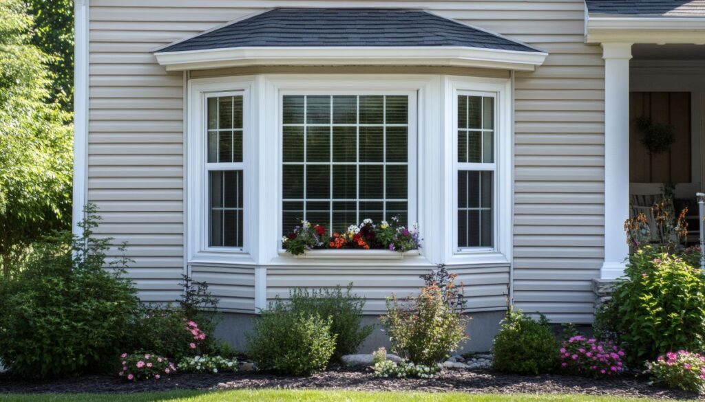 beige house with a large white bay window with flowers below it
